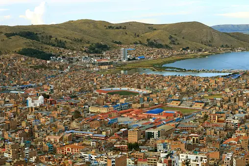 Impressive Aerial view of Lake Titicaca, the Highest Navigable Lake in the World with Puno Cityscape, Peru, South America